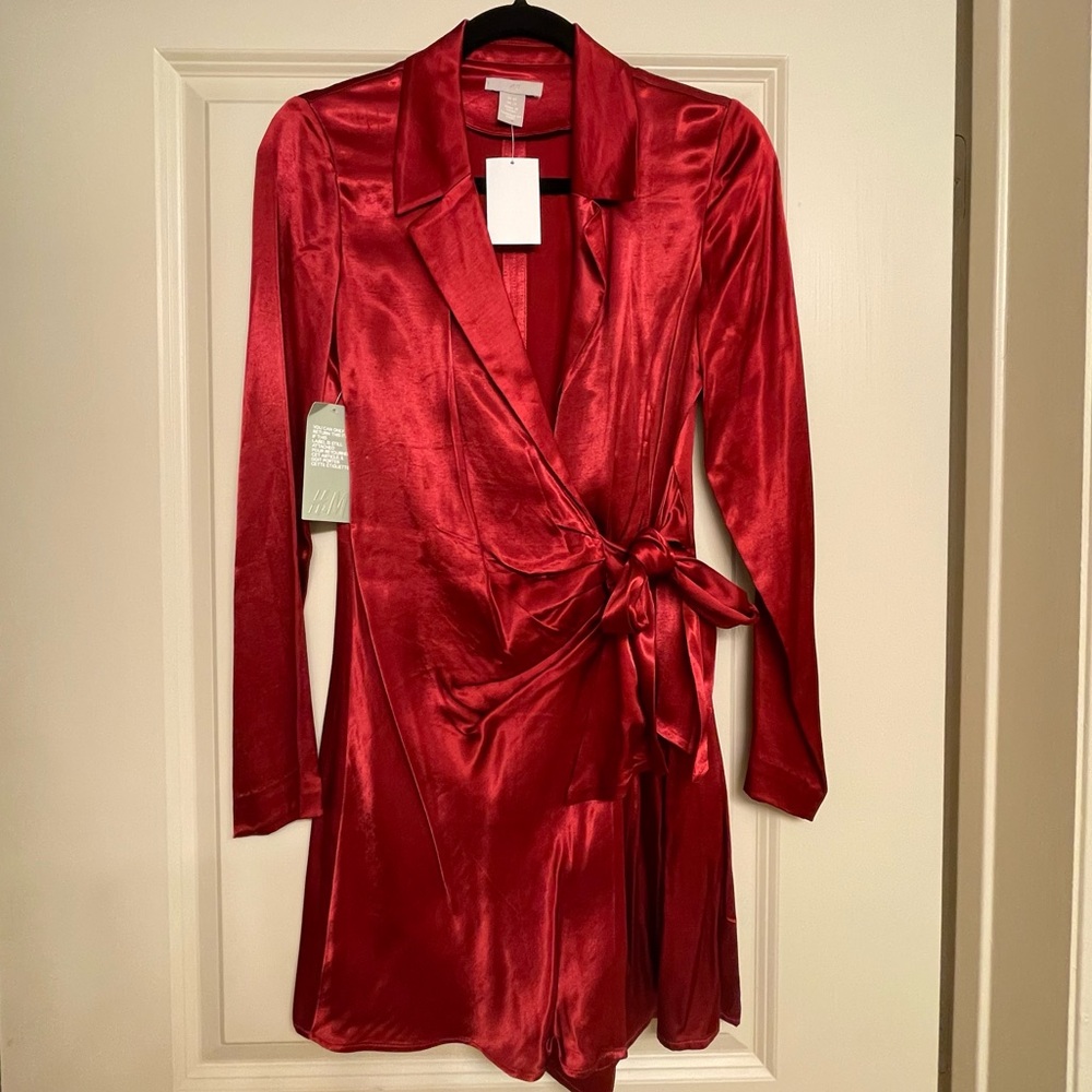 H&M Red Satin Wrap Blazer Dress